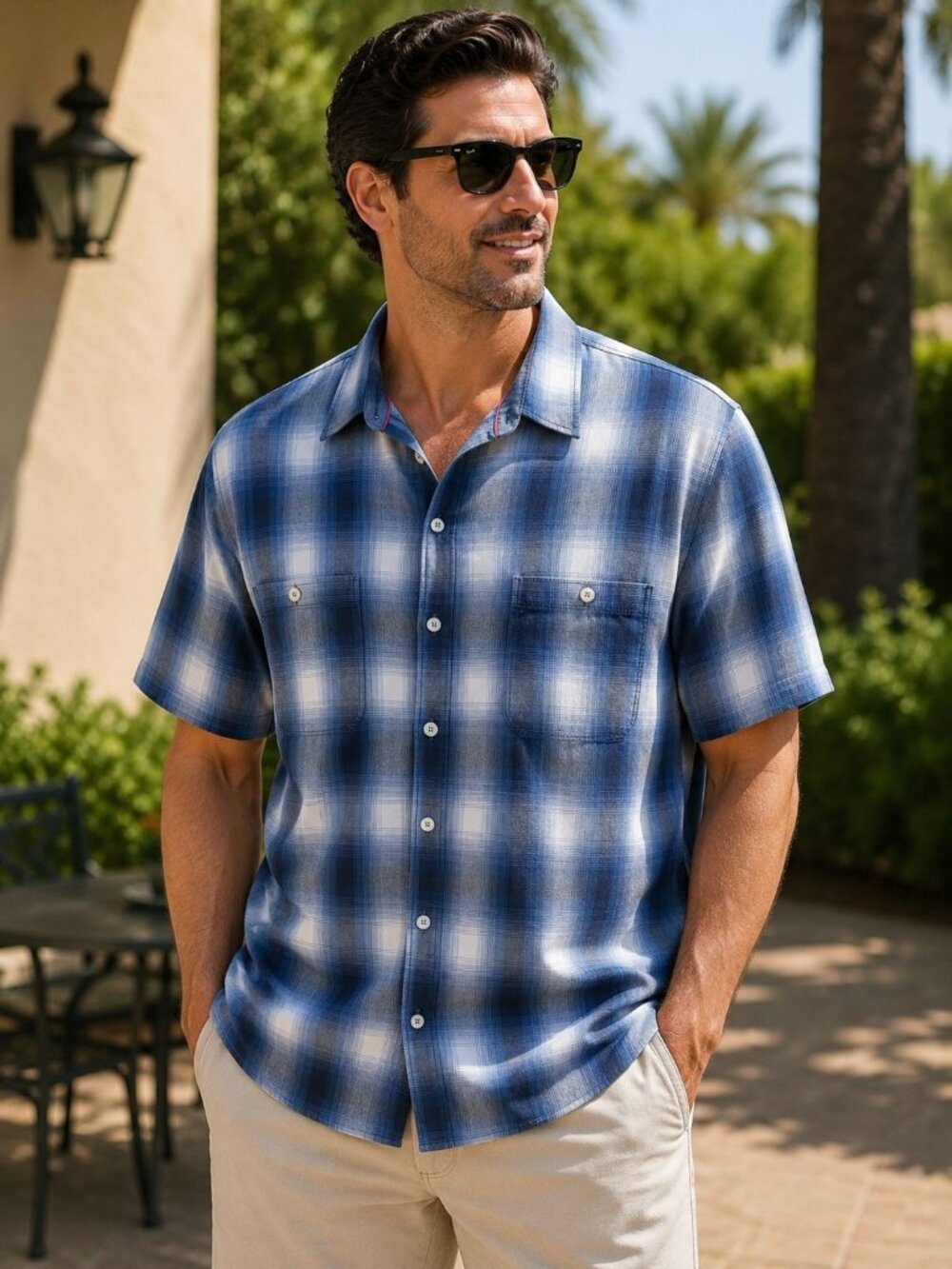 Tommy Bahama size XL Button- Front Plaid Shirt Tencel/Cotton Men's